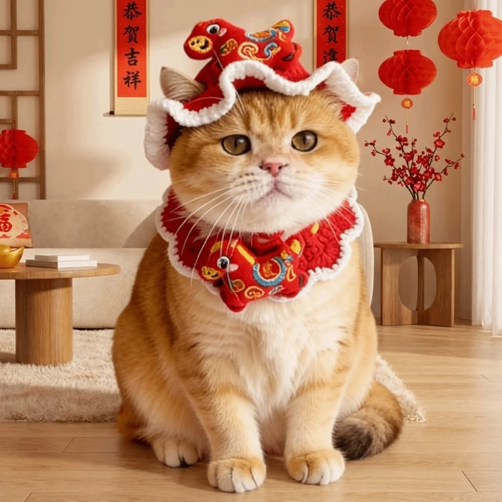 

Cartoon Chinese Style Pet Scarf Zodiac Horse Design Red New Year Cat Headwear Elastic Comfortable Cat Collar Spring Festival