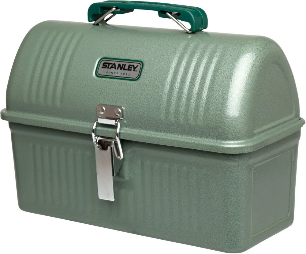 

Vintage Metal Lunchbox 5.5 qt with Handle and Latch, Durable Meal Container for Food, Drinks, Thermos in Hammer Tone Green