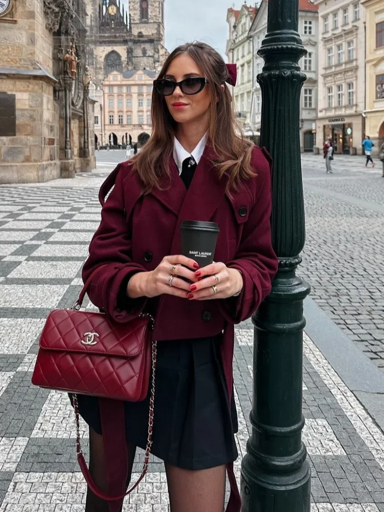 

2025 Burgundy Wool Coat Off Women Fashionable Short Double Breasted Lapel Long Sleeve Elegant Autumn Commuting Outerwear Offical