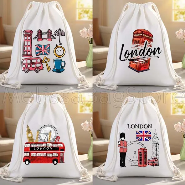 London England Bridge Bus Cute Tourist Gifts Canvas Drawstring Bags Soccer Backpack Gym Sackpack Sports Yoga Cotton String Bags