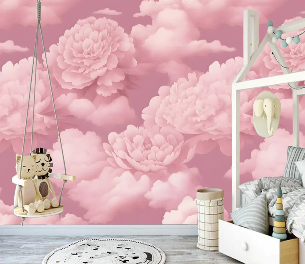 Custom wallpaper Nordic hand-painted dreamy cloud sea bird mural cartoon princess room pink series floral decoration painting