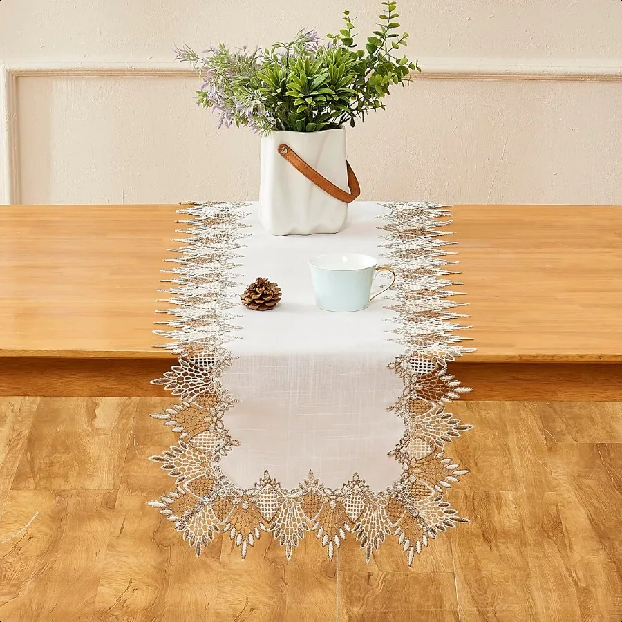 Runner da tavolo in lino naturale da 72 pollici, tonalità neutre della terra, pizzo beige, runner da tavolino artigianali, sciarpa drer per la primavera dell'est