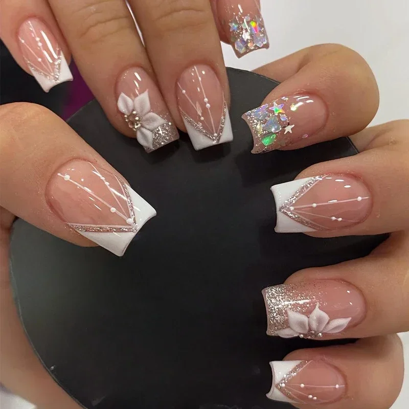 24pcs Short Square Pink Simple French False Nails with Glue Pearl Bow Design False Nails Press on Nails Full Cover Nail Tips Art