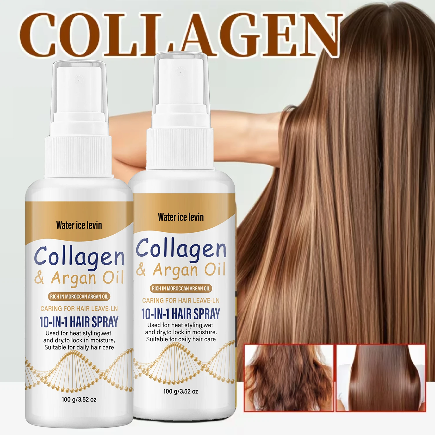 Water Ice Levin Lightweight Leave-In Hair Spray Natural Plant & Nutrient Complex Nourish Wet Dry Hair Before Heat Styling 100g