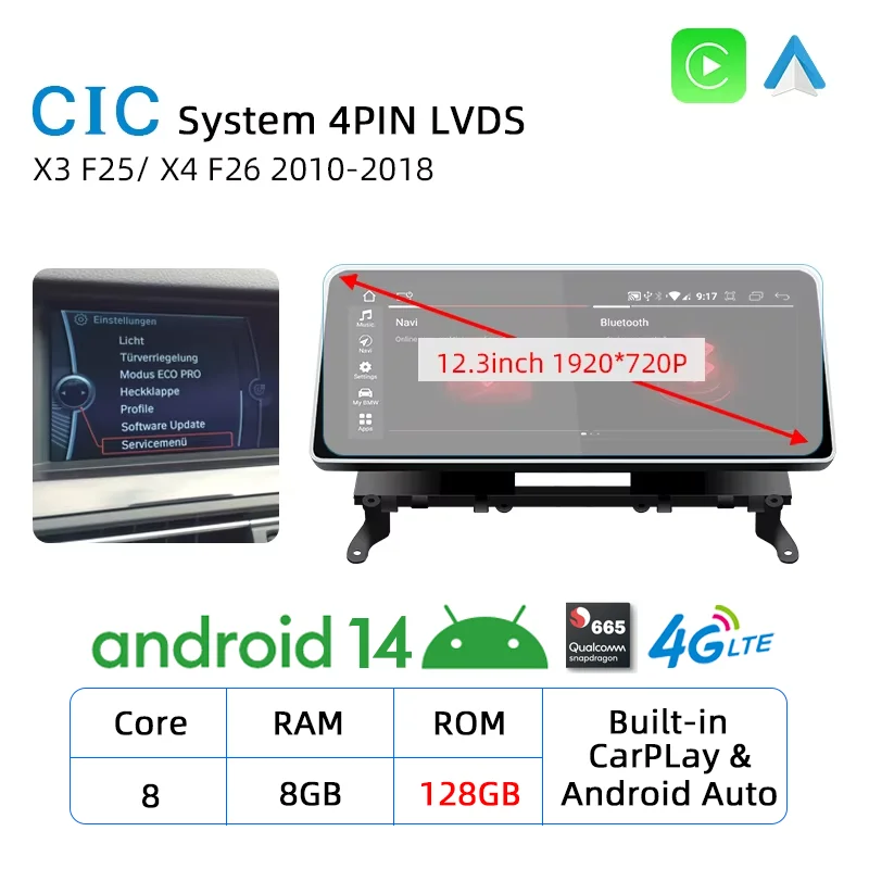 12,3 Inch NIEUW ID8 Android 14 Carplay Touchscreen voor BMW X3 F25 X4 F26 Autostereo Autoradio Multimedia Speler Navi 4G WIFI DSP