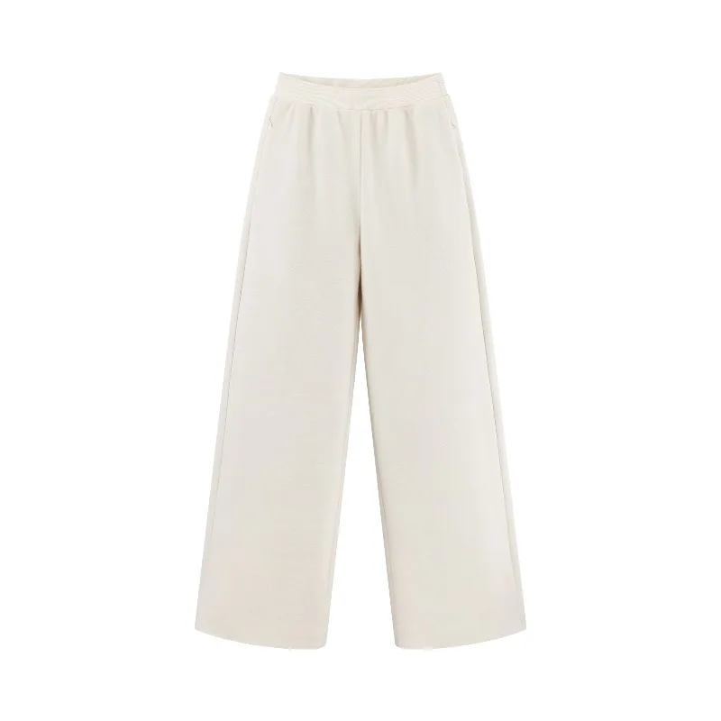 Elastic Waist Straight Pants for Women Lady Loose Wide-Leg Long Trousers Petite Friendly Relaxed Fit Casual Daily Outfit Style