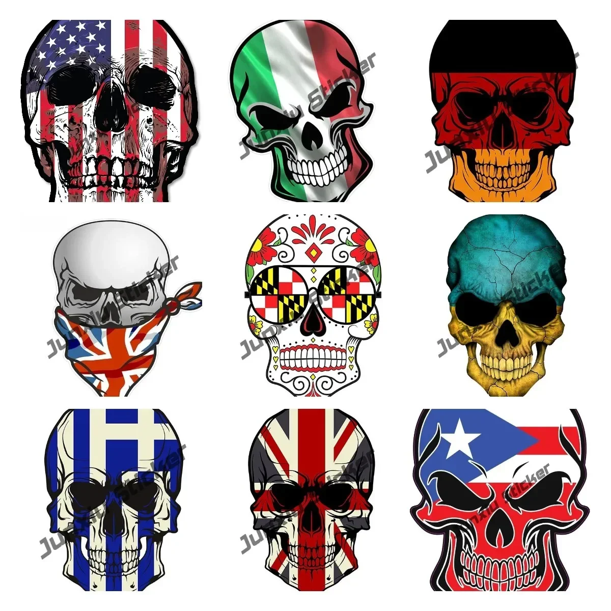 Creative Flag Skull Stickers Funny Skull with Italy Flags Puerto Rican Flag Skull German Flag Car Decal Cartoon Car Accessories