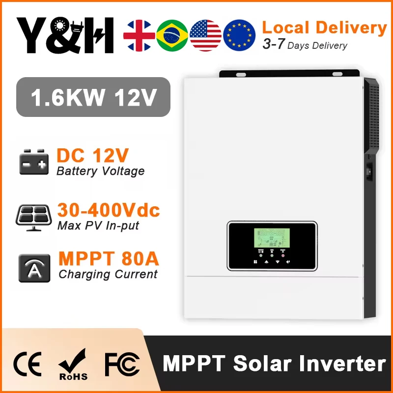 Y&H Hybrid Solar Inverter 1600W 12V 220V Off-Grid Pure Sine Inverter Built in MPPT 80A Solar Charger Controller Max PV 400VDC