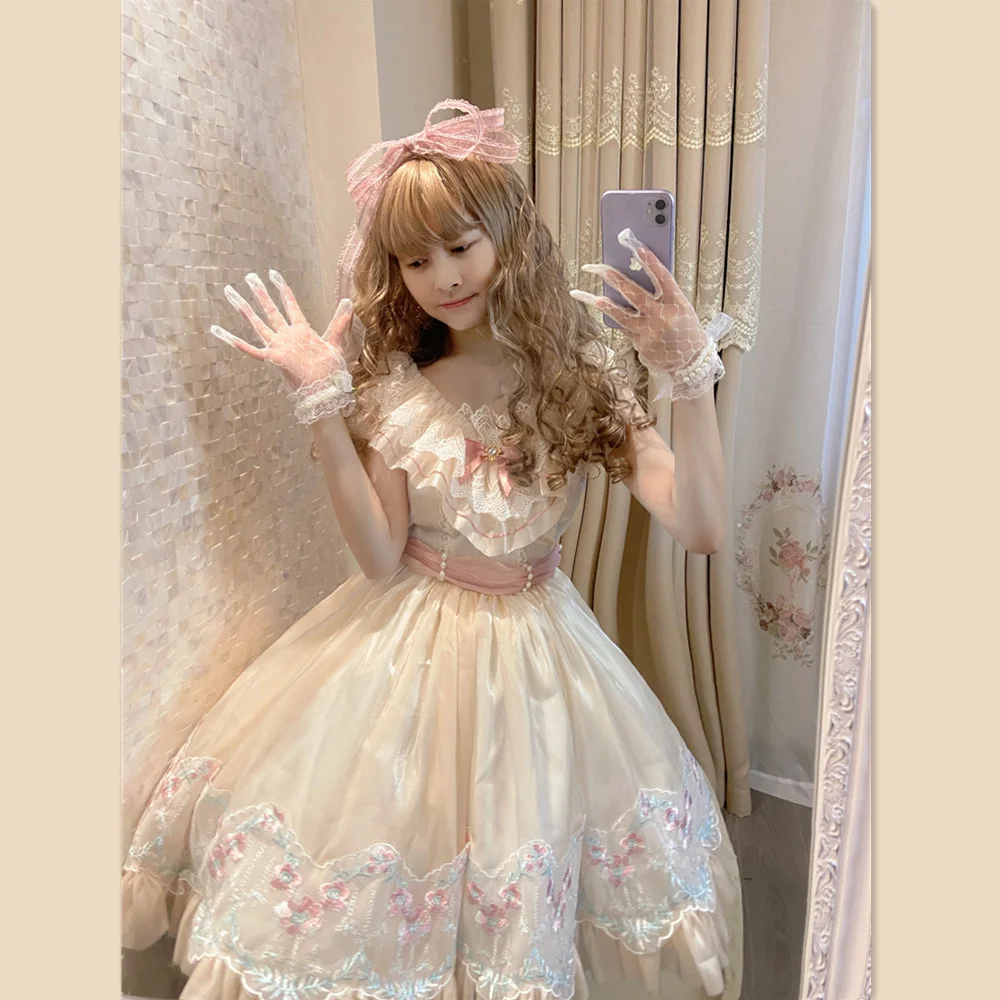 Elegant ผู้หญิง Victoria V คอเปิดเผยกลับ Lolita ชุด Kawaii สาวเย็บปักถักร้อยลูกไม้ Big Bowknot Princess Lolita Op คอสเพลย์