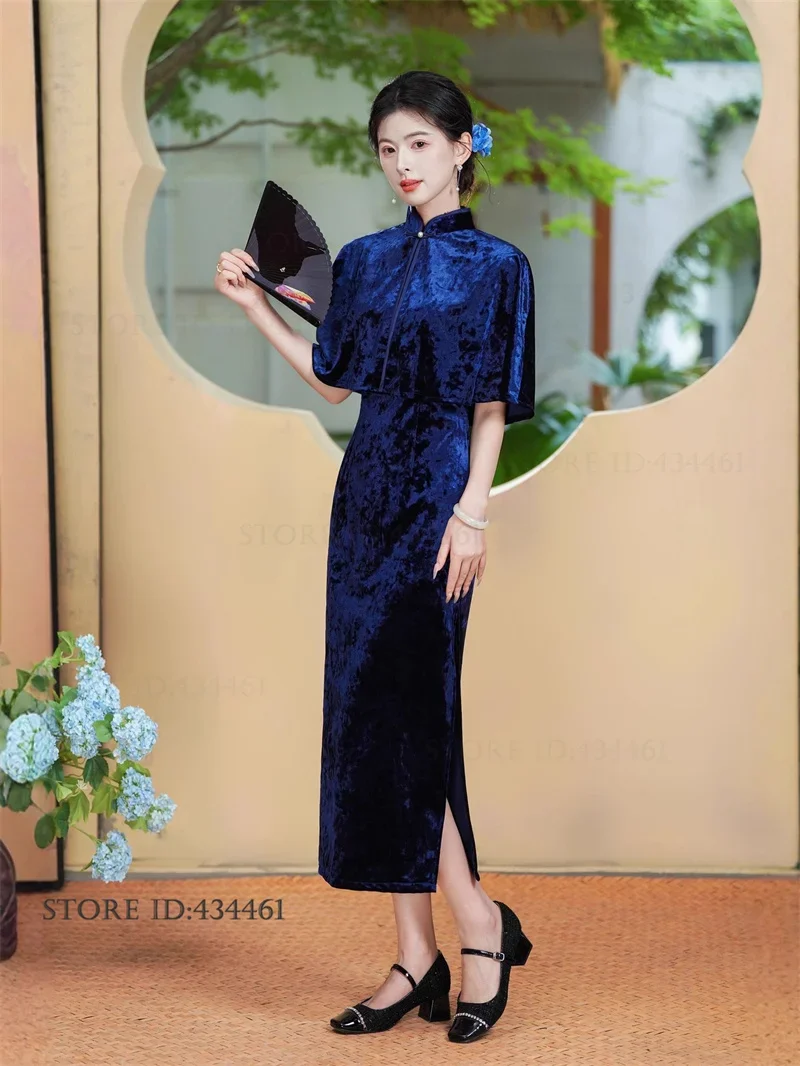 الخريف الشتاء القطيفة الإناث تشيباو المخملية شيونغسام طويلة مع شال مثير فستان أنيق مزاجه التقليد الصيني