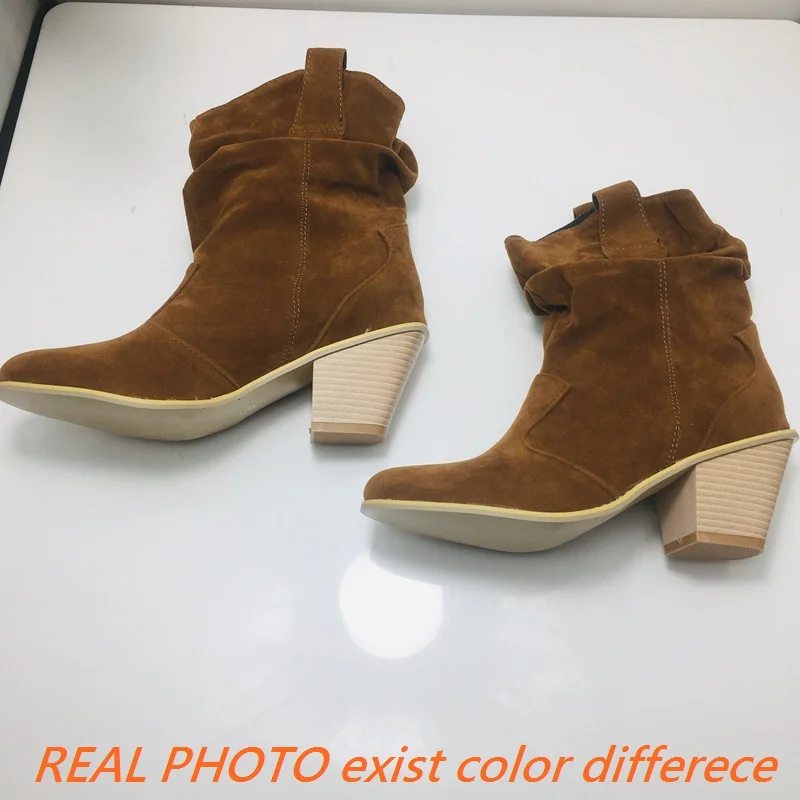 ASILETO Women Ankle Boots Flock Square Toe Chunky Heels 6cm Slip On Pleated Casual Daily Shoes Big Size 41 42 43 Female Bota