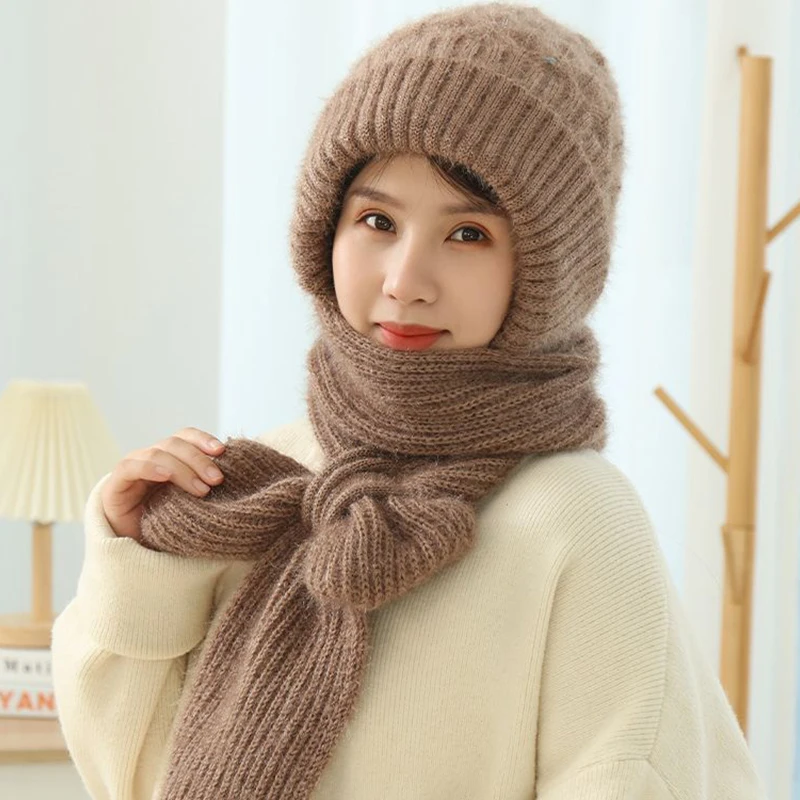 Winter Plush Hat And Scarf All In One Knitted Women Warm Hat Scarf Thickened Hooded Ear Protection Outdoor Ski Female Beanie Cap