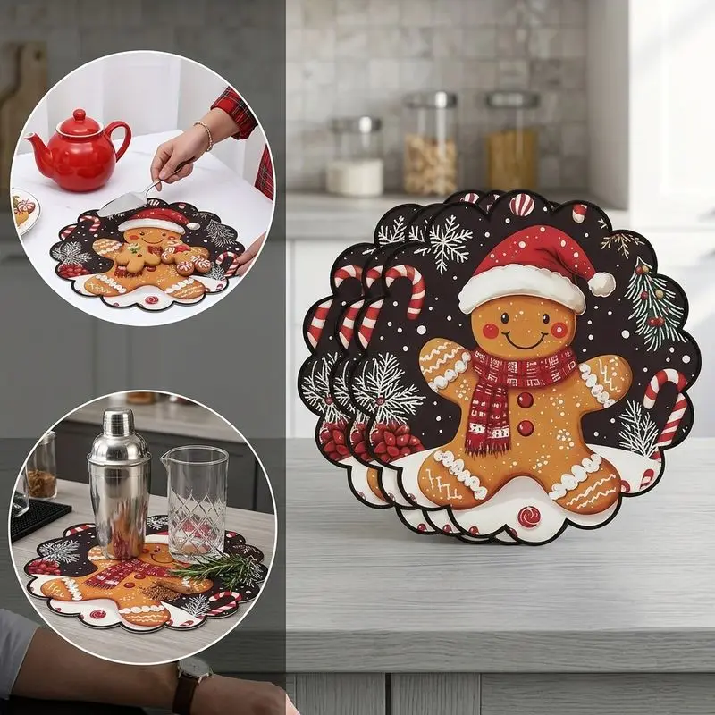 VIKAMA Dark Gingerbread Candy Cane Placemat Charcoal Backdrop Scalloped Edge Cookie Santa Hat Scarf Flake Xmas Table Mat Cozy