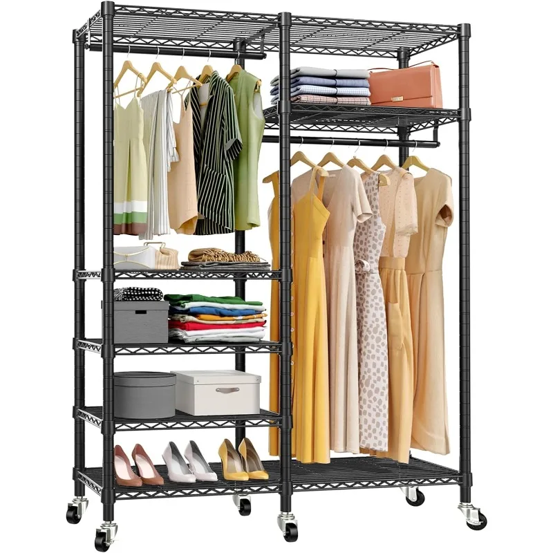 

R4 Rolling Garment Rack 6 Tiers Adjustable Heavy Duty Wire Shelving Clothes Rack with Double Rods and Lockable Wheels