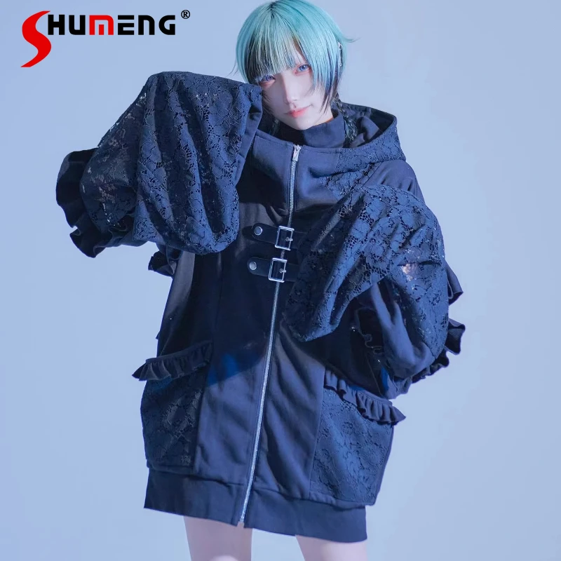 

Japanese Rojita Subculture Dark Punk Mass-produced Mine Series Cute Sleeves Lace Hooded Jacket Y2k Long-sleeve Zip-up Sweatshirt