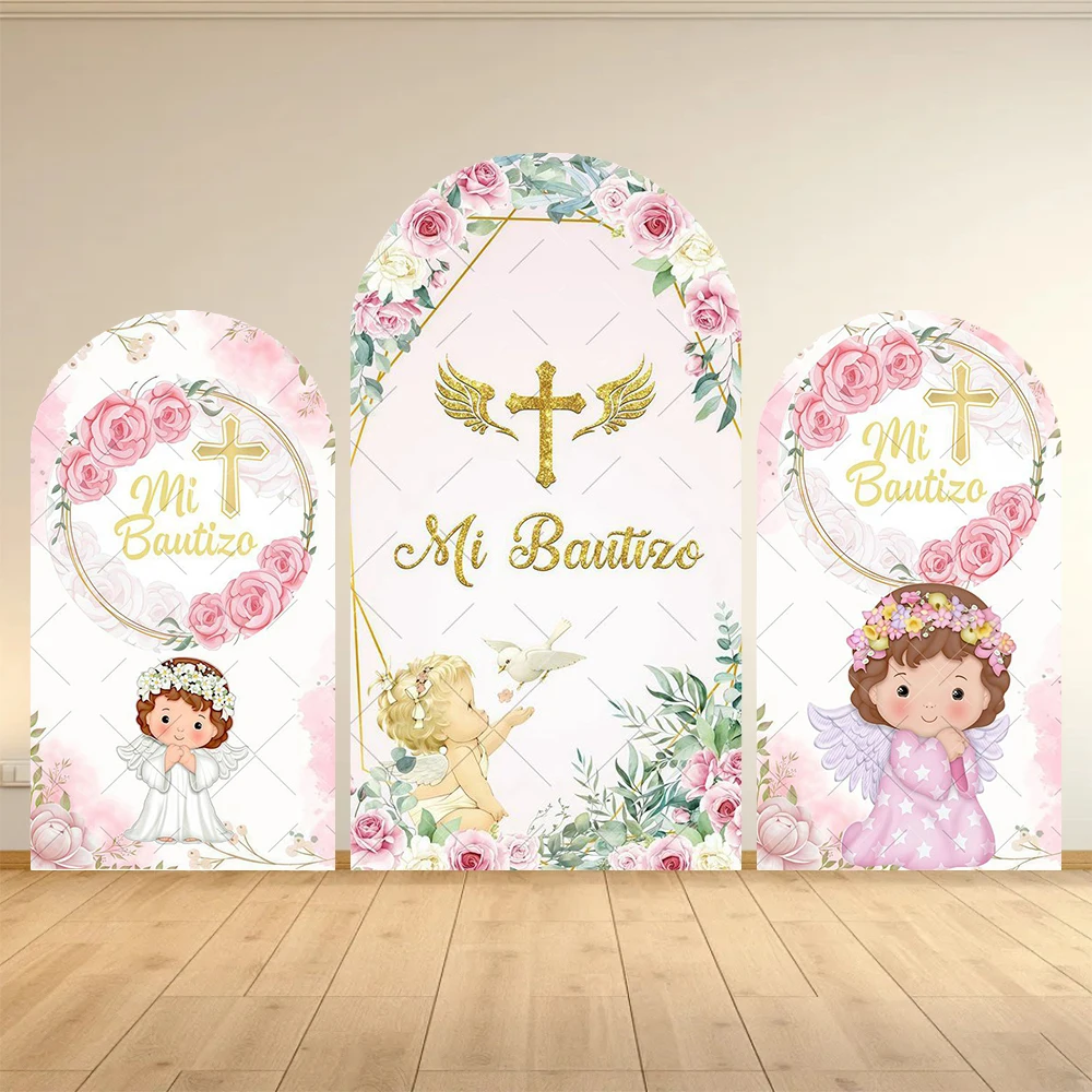 Cenário Arqueado para Primeira Comunhão, Capa para Cenário com Flores, Cruz Sagrada, Pomba, Menina, Menino, Decoração para Batizado e Chá de Bebê