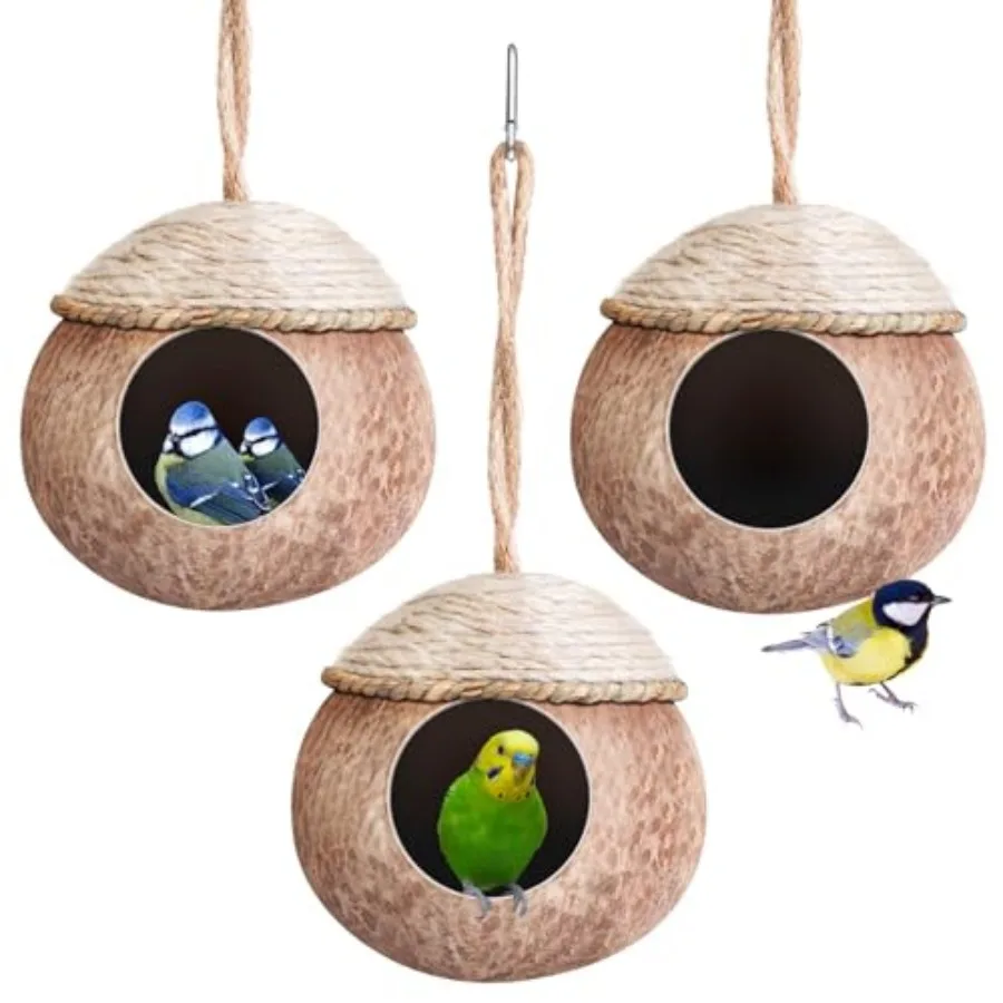 

3 Pcs Natural Coconut Bird Nest for Cage Hanging Birds House Parakeet Hide Breeding Hut Bird Cage Habitats Decor for Parrot, Co