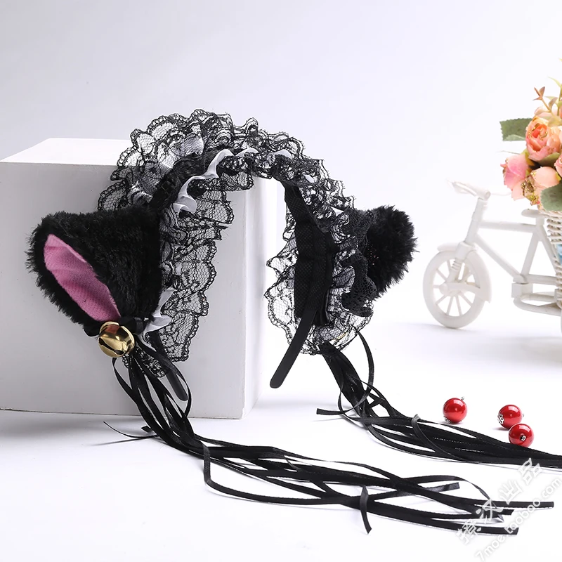 Princess Sweet Lolita Lace Hairbands Bell Cat Ears Headband Maid Lace Headbands Hair Hoop Hair Accessories for Women Girl