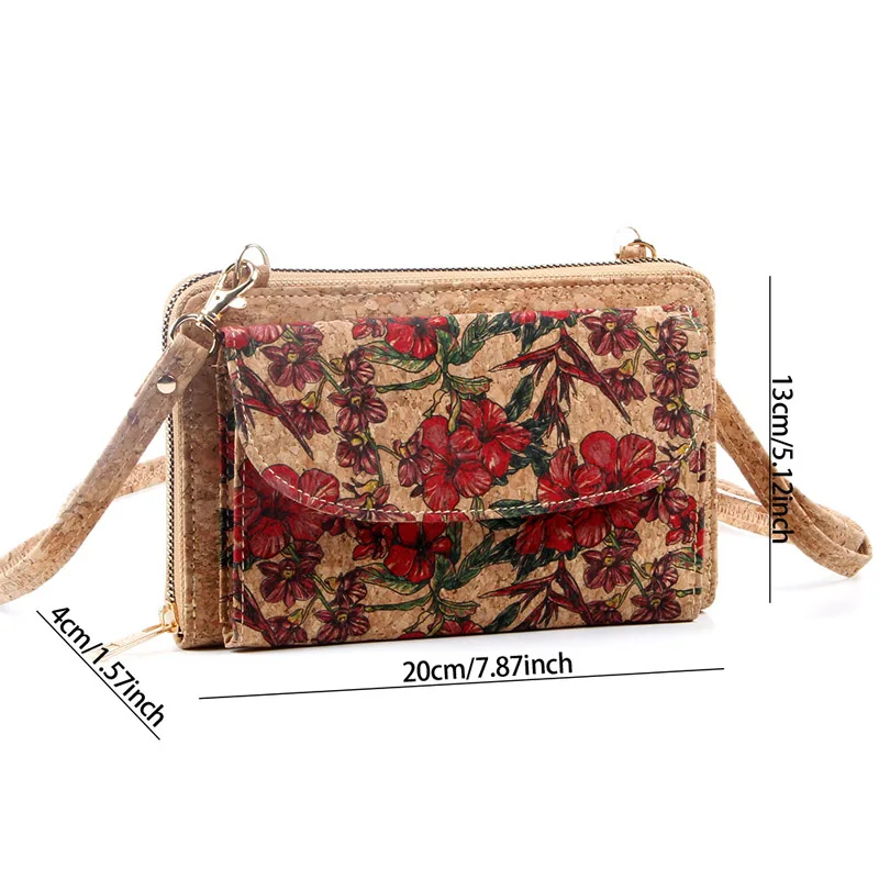 Bolso cruzado de 5 piezas para mujer, cartera larga con estampado Floral de corcho y hojas para teléfono, estilo mixto