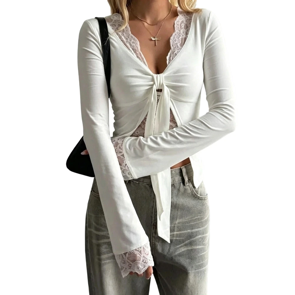Lace Splicing Shirt Women Lace T-shirt Regular Clothing Length Long Sleeve Style Solid Color Pattern For Casual Daily Life