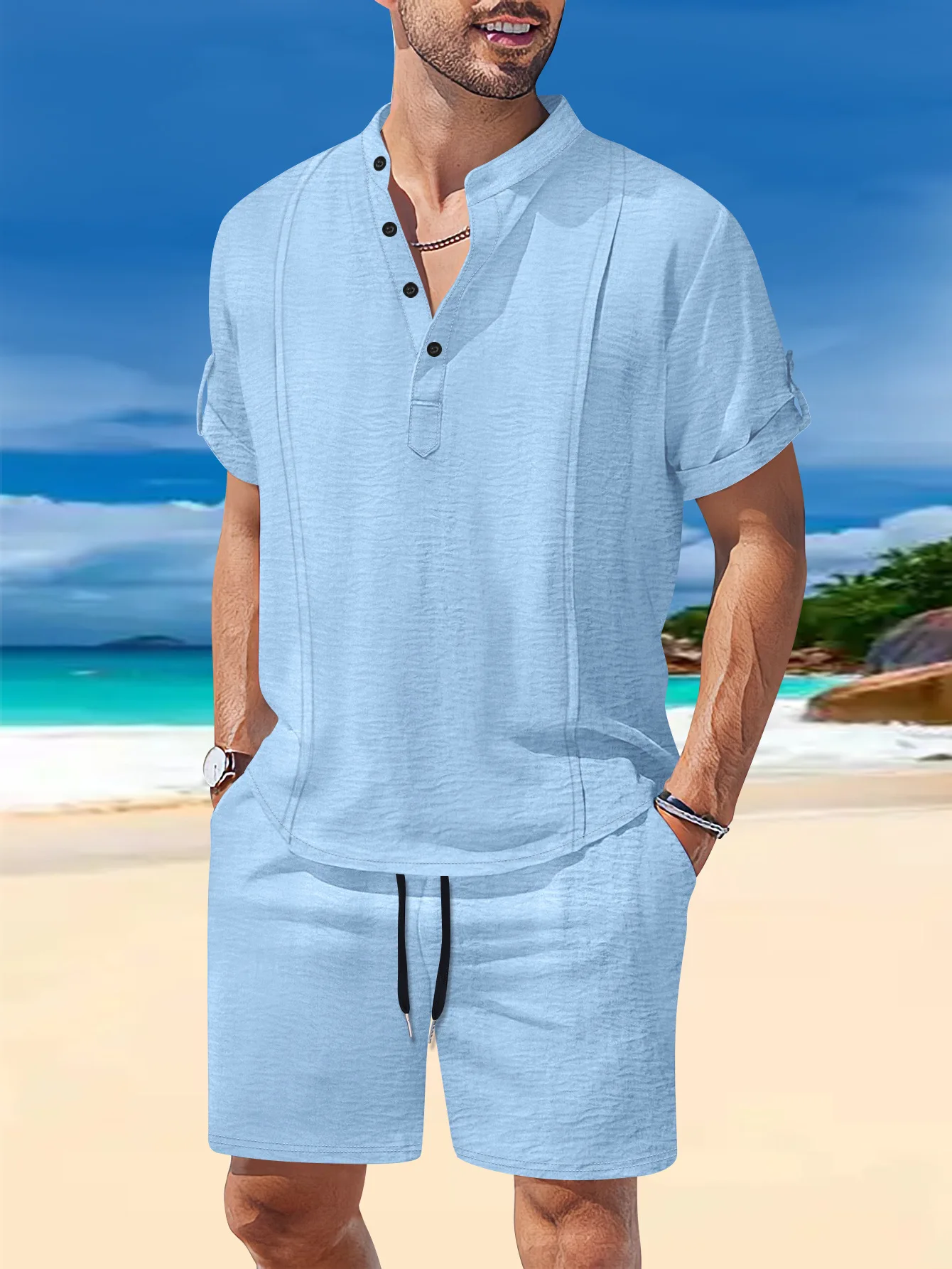Men's Suit: Fashionable Beach Stand-Up Collar, Solid Color Button, Pullover, Short Sleeve, Drawstring Pocket Shorts
