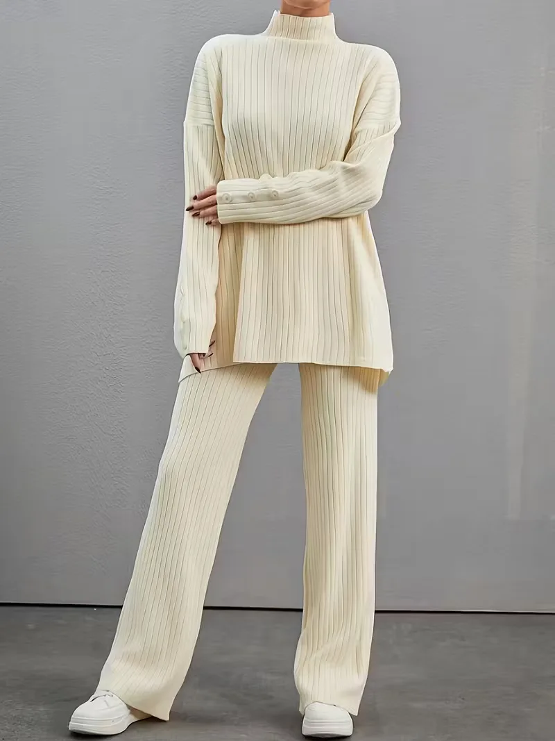 الخريف الشتاء 2 قطع النساء مجموعات محبوك رياضية 2025 جديد الياقة المدورة البلوز القمم واسعة الساق الركض بانت الدعاوى ملابس غير رسمية