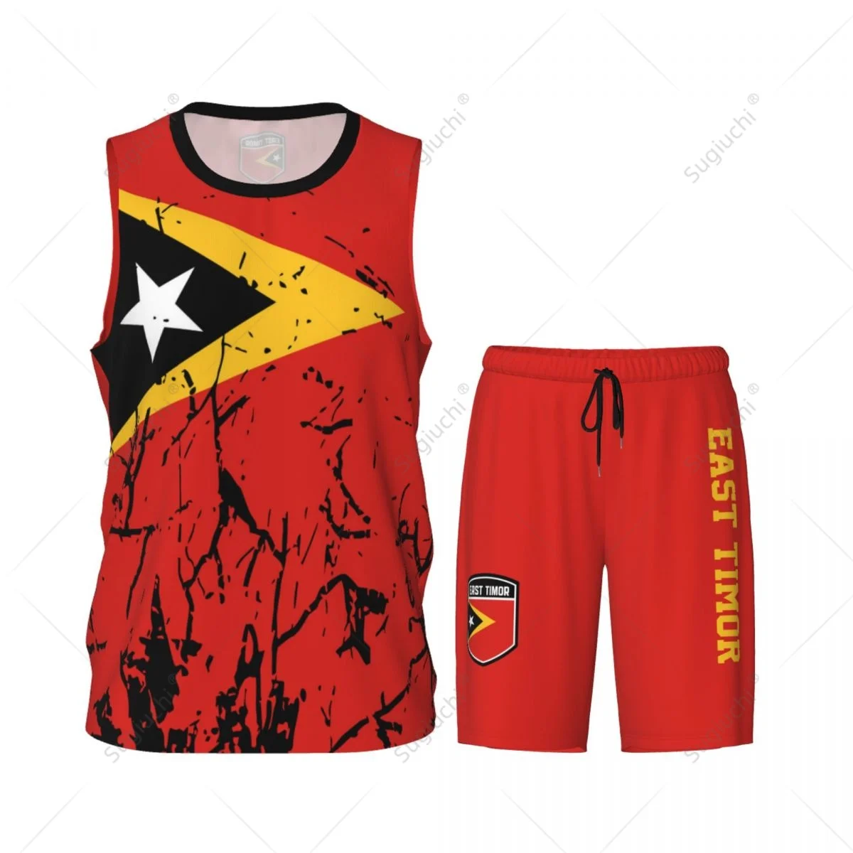 Conjunto sem mangas de basquetebol para homens, equipa, Timor Leste, grão de bandeira, camisa e calças, nome personalizado, exclusivo nunber