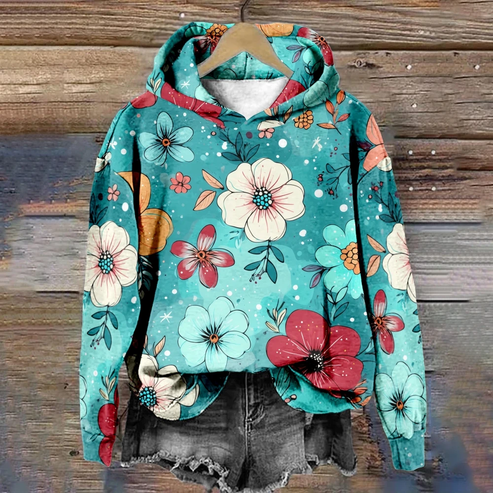 المرأة الأزهار هوديي محب بلوفر شتوي Harajuku فضفاضة تناسب البلوز غير رسمي دافئ الصوف مبطن سترة ملابس الشارع الشهير غير رسمية