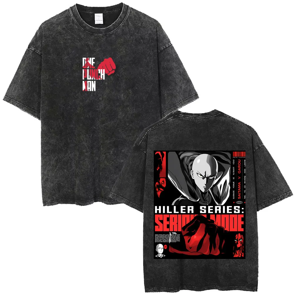 Washed Vintage Anime One Punch Man Saitama Garou Hiller Series Serious Mode Graphic T Shirt Men Women Fashion Oversized T-shirts