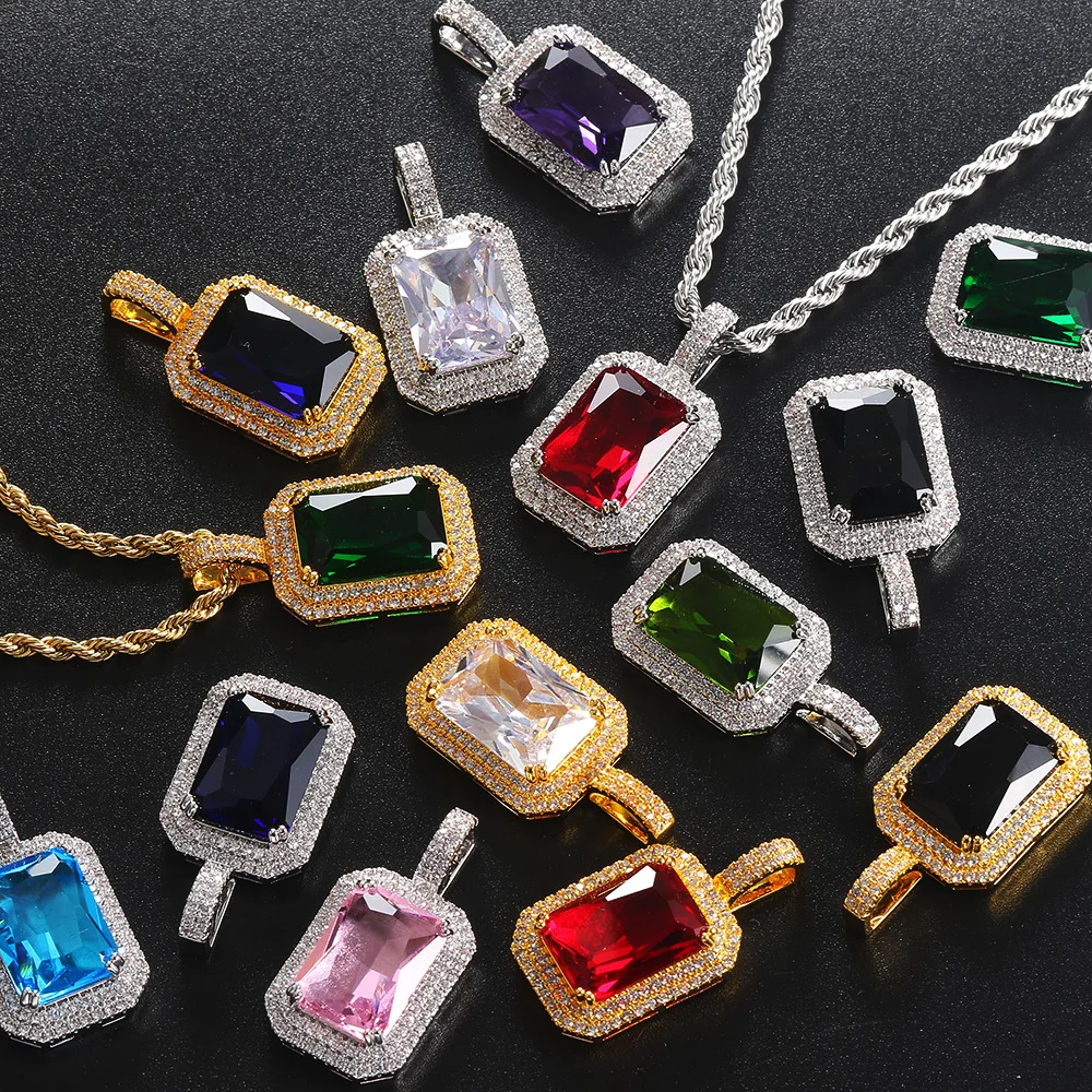 Hip Hop Iced Out Pendant Necklaces for Men Luxury Shiny Colorful Zirconia Stainless Steel Rope Chain on Neck Rapper Jewelry