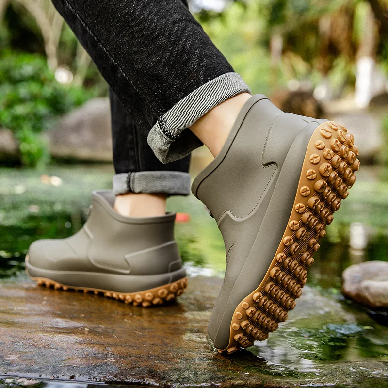 Short Ankle Rain Boots for Men Waterproof EVA Rubber Rain Shoe Non Slip Thick Sole Outdoor Garden Fishing Slip On Water Footwear