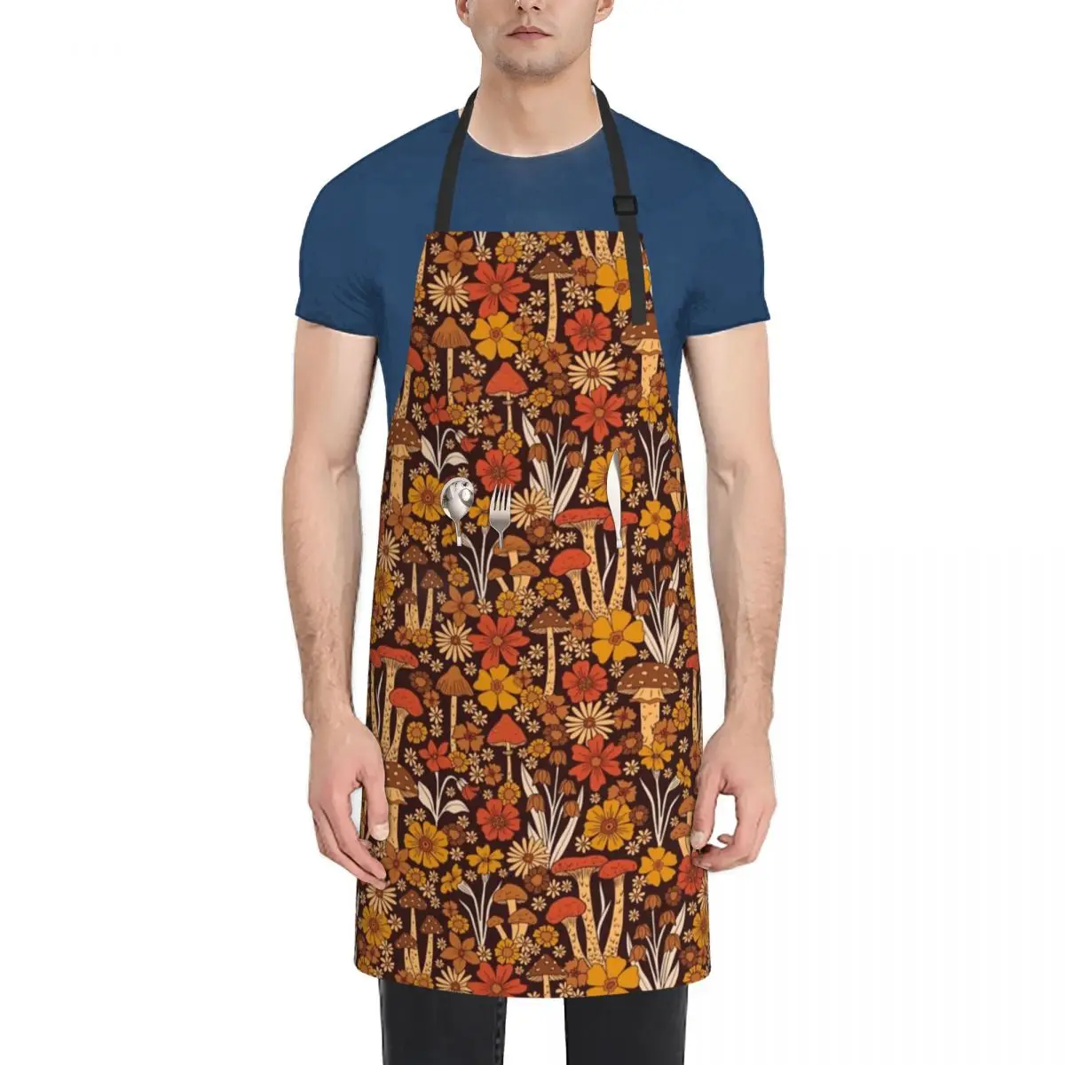 

Retro 1970s Brown & Orange Mushrooms & Flowers Waterproof Kitchen Apron For Women/Men With Pockets Work Restaurant Shop Waiter