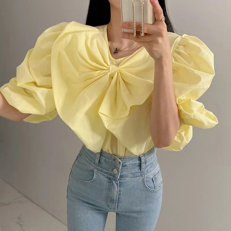 Neploe Korean Fashion Western Style Shirt Femme Solid Color Versatile Pleated Bowknot Decoration Blouse Sweet Puff Sleeve Blusa