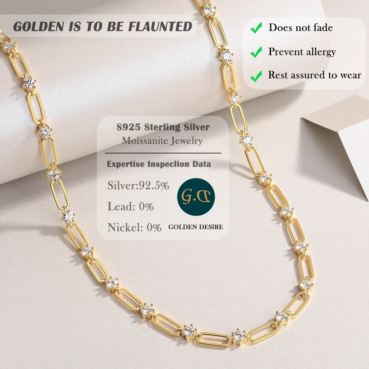 7.8cttw 925 Silver Gold-Plated Moissanite Diamond Tennis Necklace – Elegant and Modern Chain Design, Sparkling Statement Piece