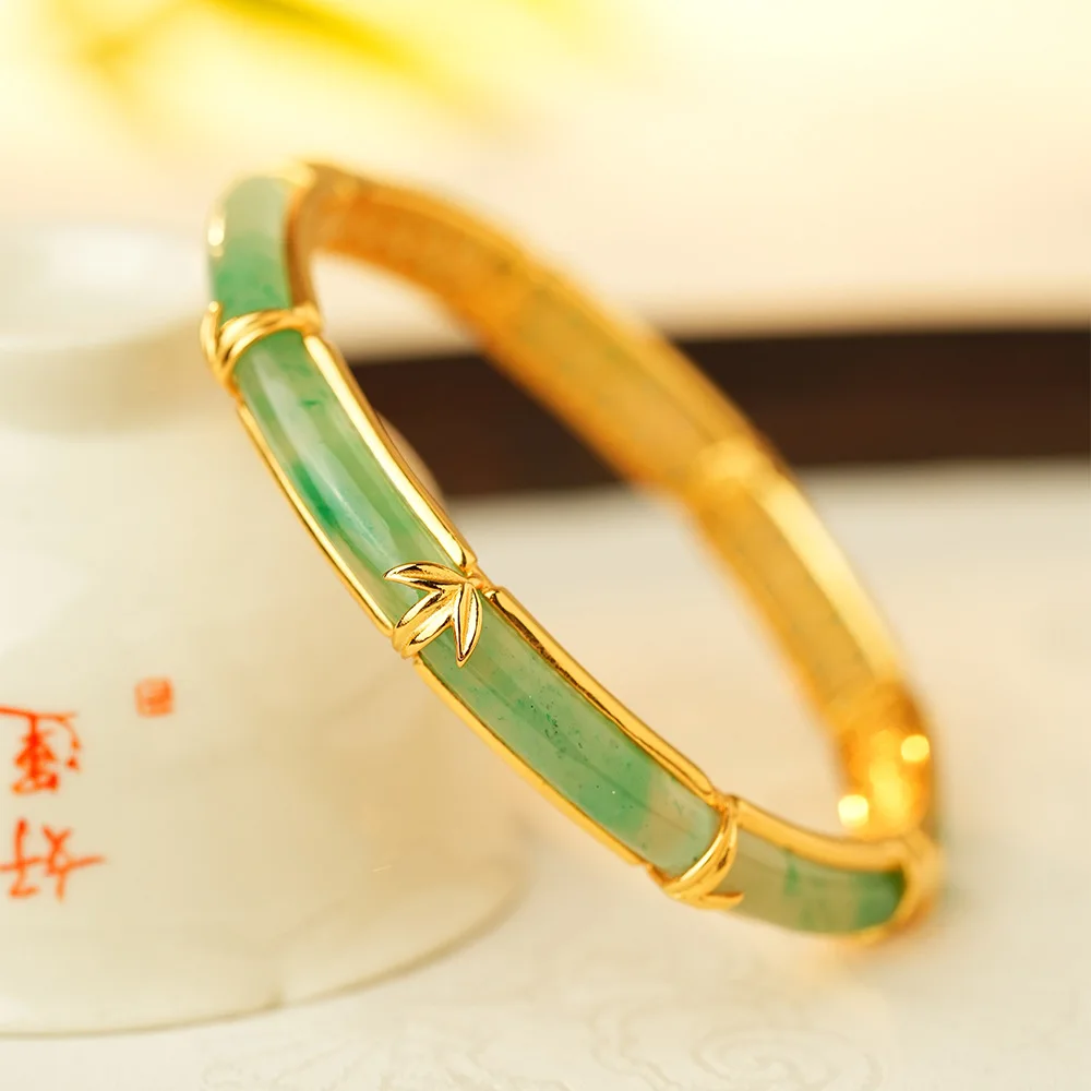 S925 Gold Plated Natural Jade Bamboo Bracelet, Chinese Ancient Method Fashion Gemstone Jewelry Gift