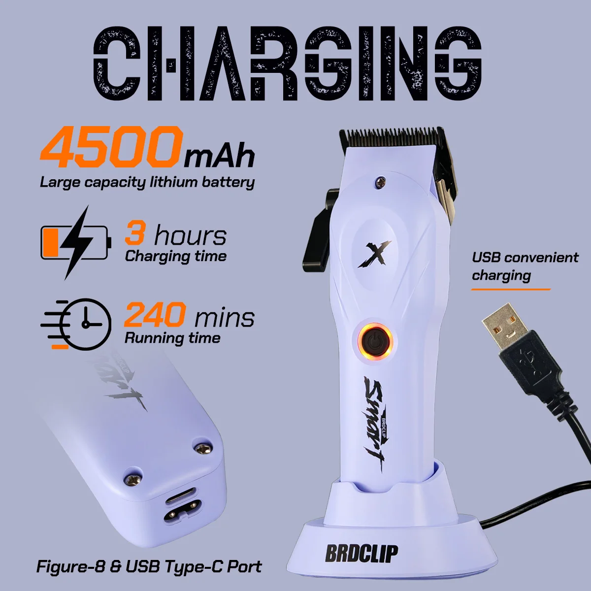 BRDCLIP ماكينة قص الشعر الكهربائية الاحترافية DLC شفرة تتلاشى 8800 دورة في الدقيقة محرك عالي السرعة مع قاعدة 4500 مللي أمبير في الساعة ماكينة حلاقة 4 ألوان