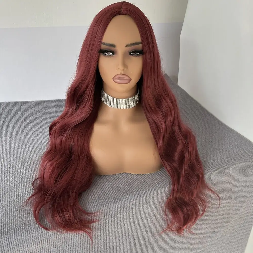 Cosplay Party Wigs Heat Resistant Hair Natural Burgundy Soft Long Wavy