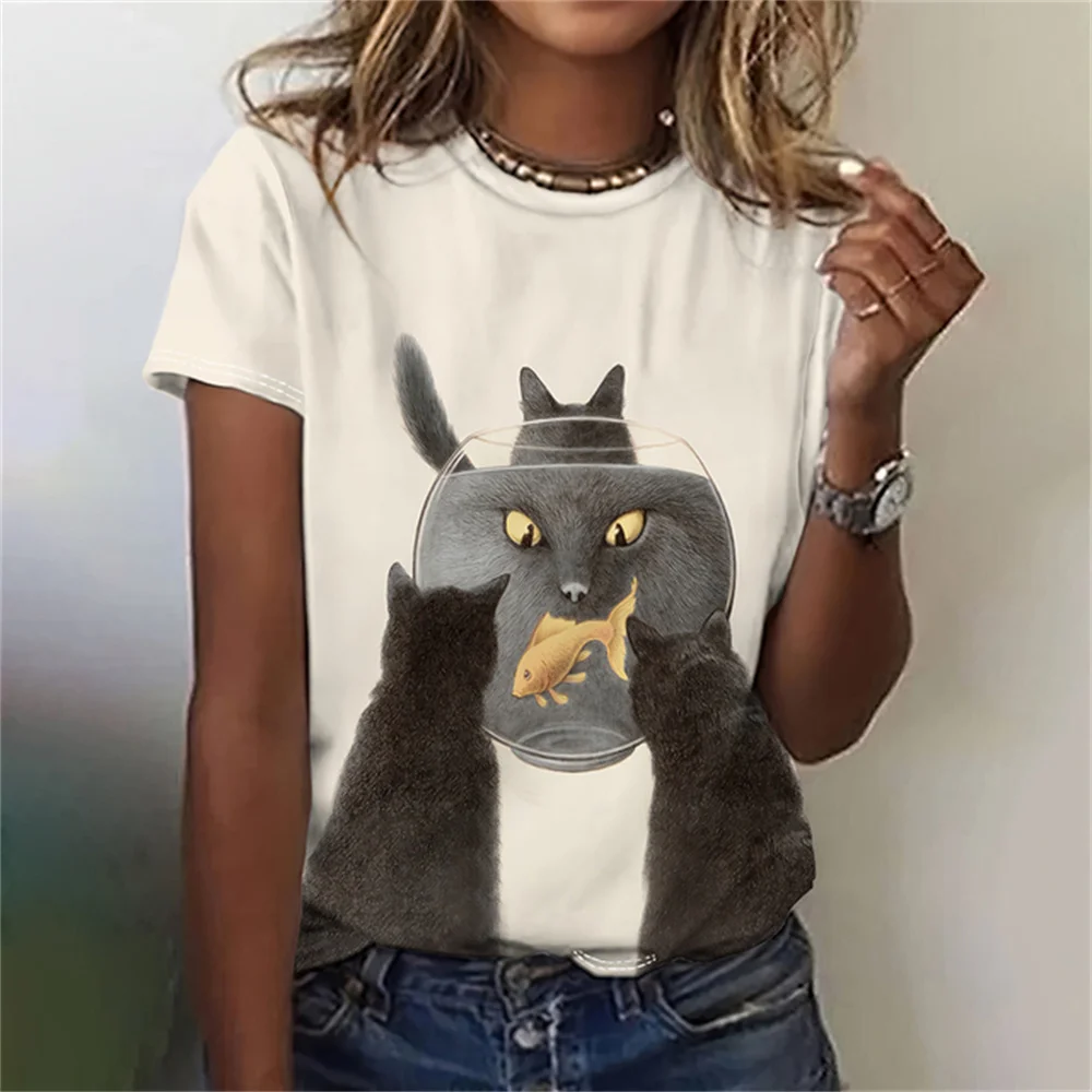 Cute Cartoon Cat Women's T-Shirts Fashion Top 3d Cute Animals T Shirt Women Casual Short Sleeve O-Neck Oversized Female Clothing