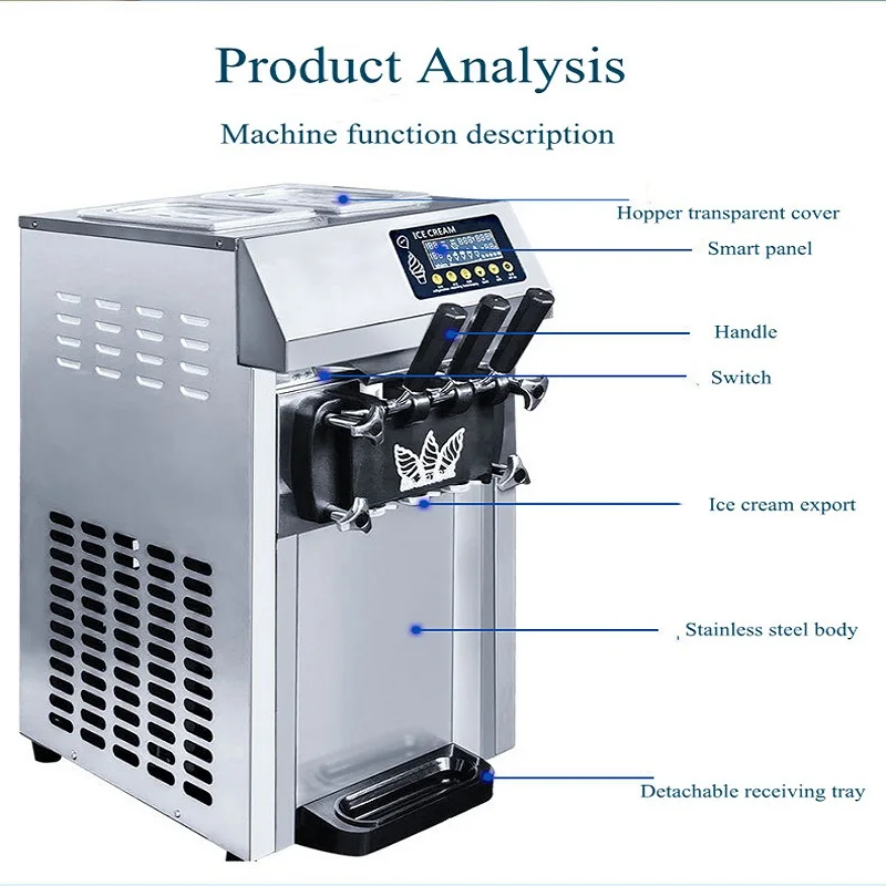 آلة الآيس كريم التجارية سطح المكتب ثلاثي الألوان آيس كريم ناعم القوام صانع الفاكهة آلة الحلوى الحلو مخروط معدات التجميد