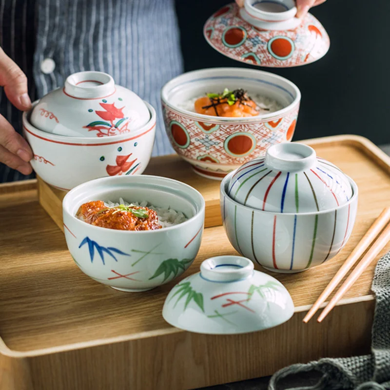 Japanese Retro Ceramic Bowl with Cover Heat-resistant Steam Bowls Steamed Egg Soup Bowl Household Tableware