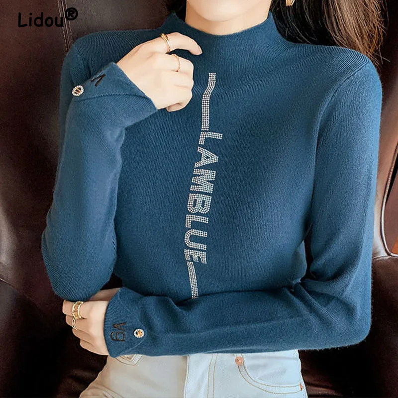 Dolcevita da donna in tinta unita con diamanti pullover lavorati a maglia, Top a maniche lunghe, camicetta con fondo Chic, autunno, inverno, nuovo,