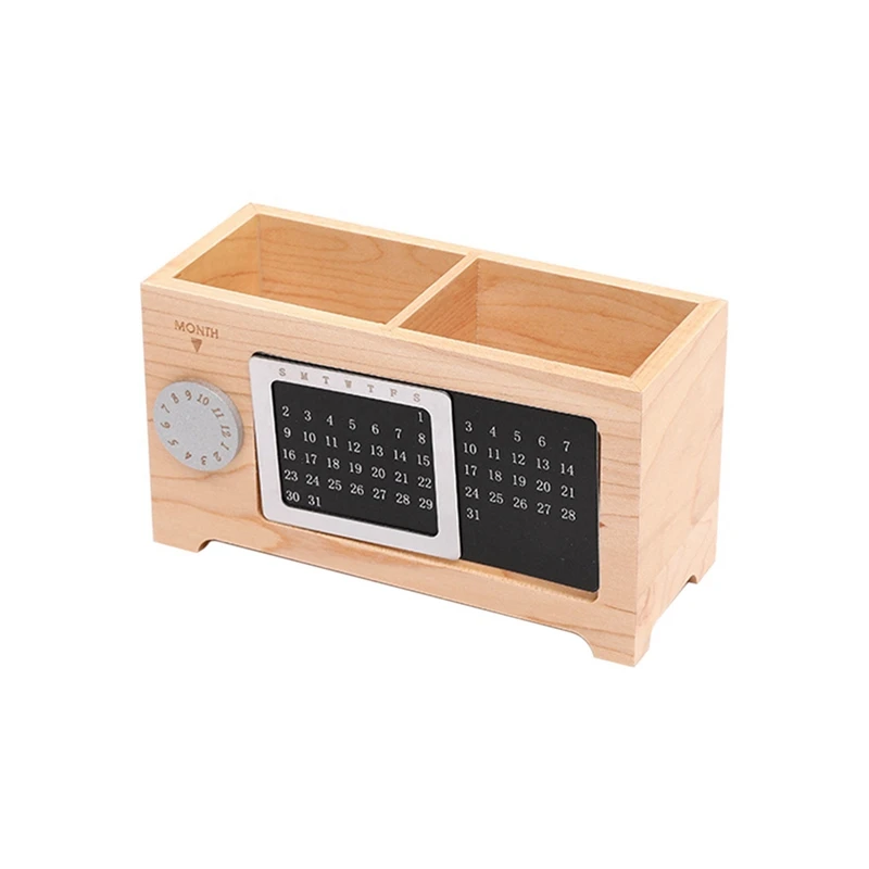 Calendar Pen Holder Multifunctional Desktop Office Storage Box Office Desktop Ornaments Maple Wood Storage Box Wood Color