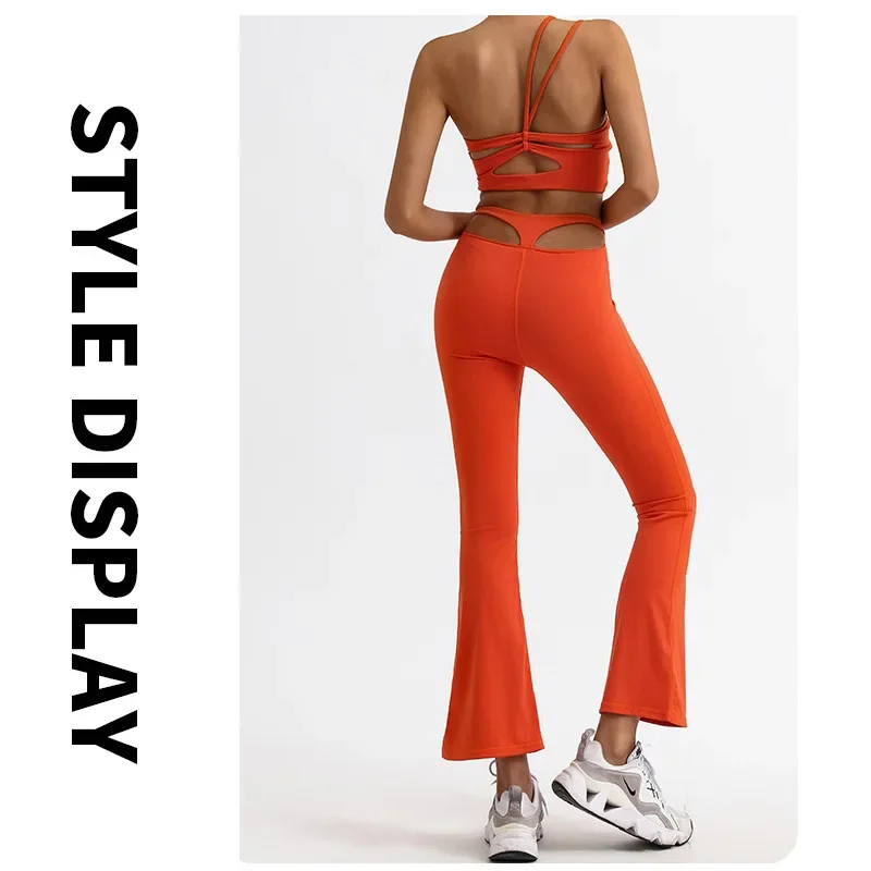 

Yoga Set Chest Cushion Beautiful Back Camisole High Waisted Hollow Out Exercise and Fitness Bell Bottom Pants Workout Clothes