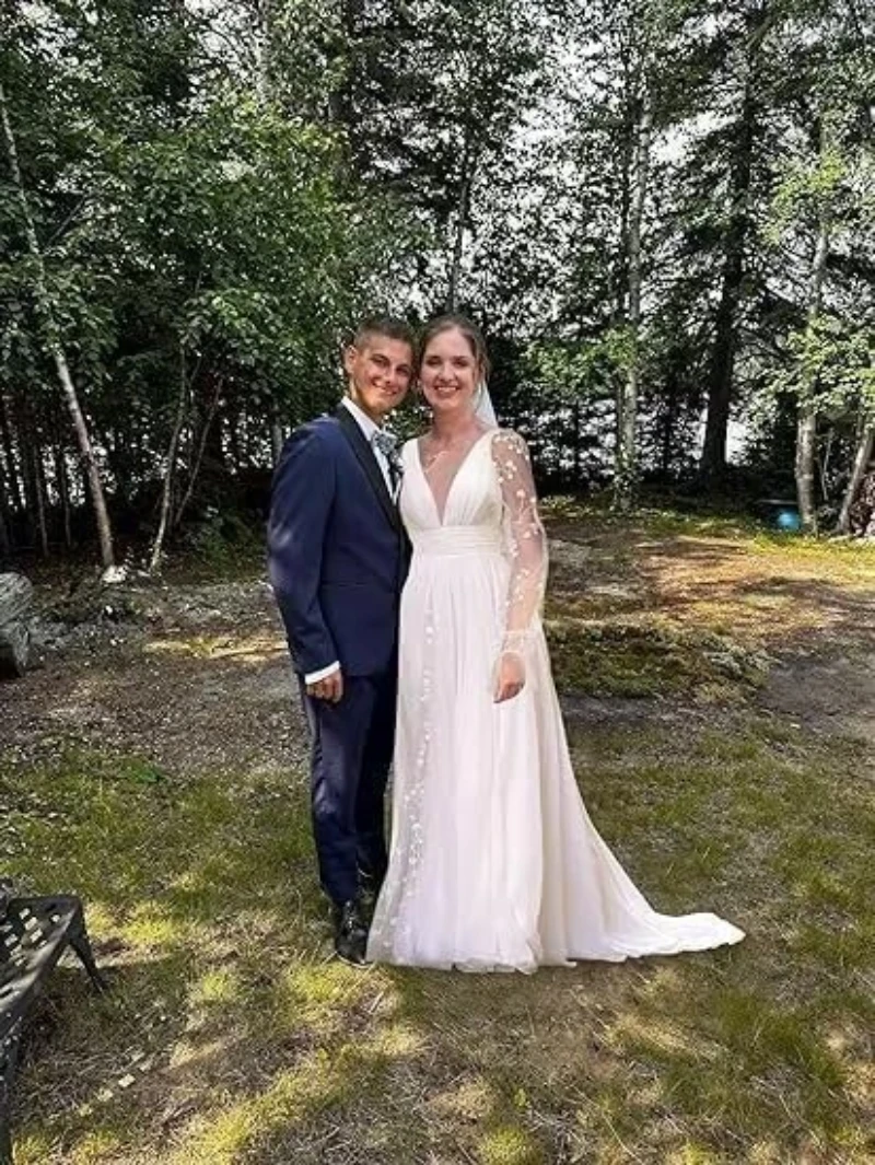 فساتين زفاف شيفون نسائية بأكمام طويلة للعروس دانتيل على شكل حرف A فستان زفاف طويل على الشاطئ