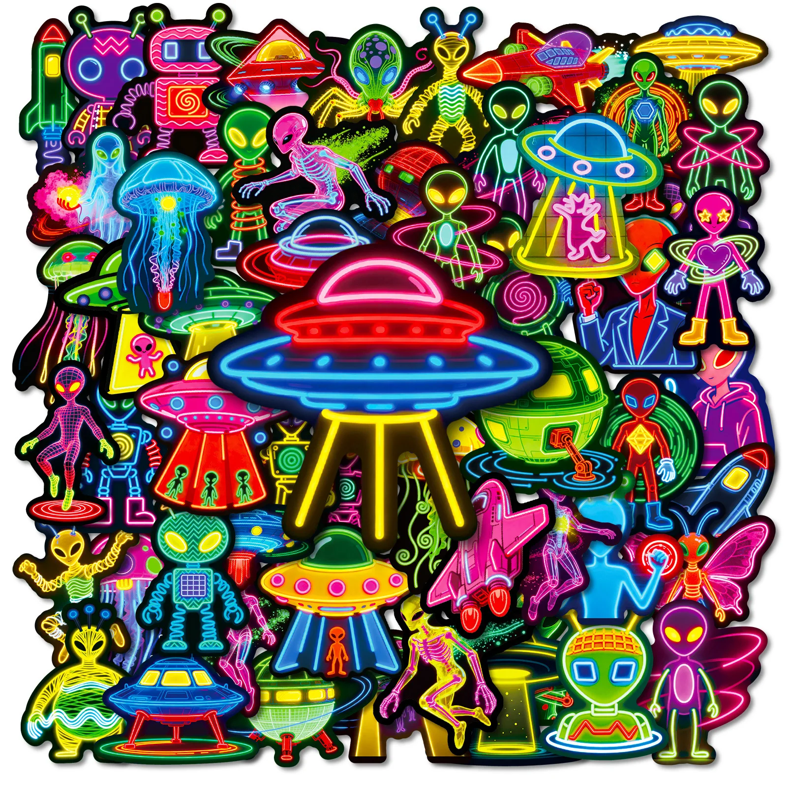 

10/30/56PCS Cartoon Neon Style Alien UFO Sticker Aesthetic Kawaii DIY Kids Toys Guitar Luggage Suitcase Decal Graffiti Sticker