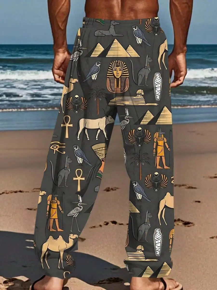 Ancient Egyptian Symbol Print Harem Pants With Pyramids Pharaoh Masks And Sacred Animals