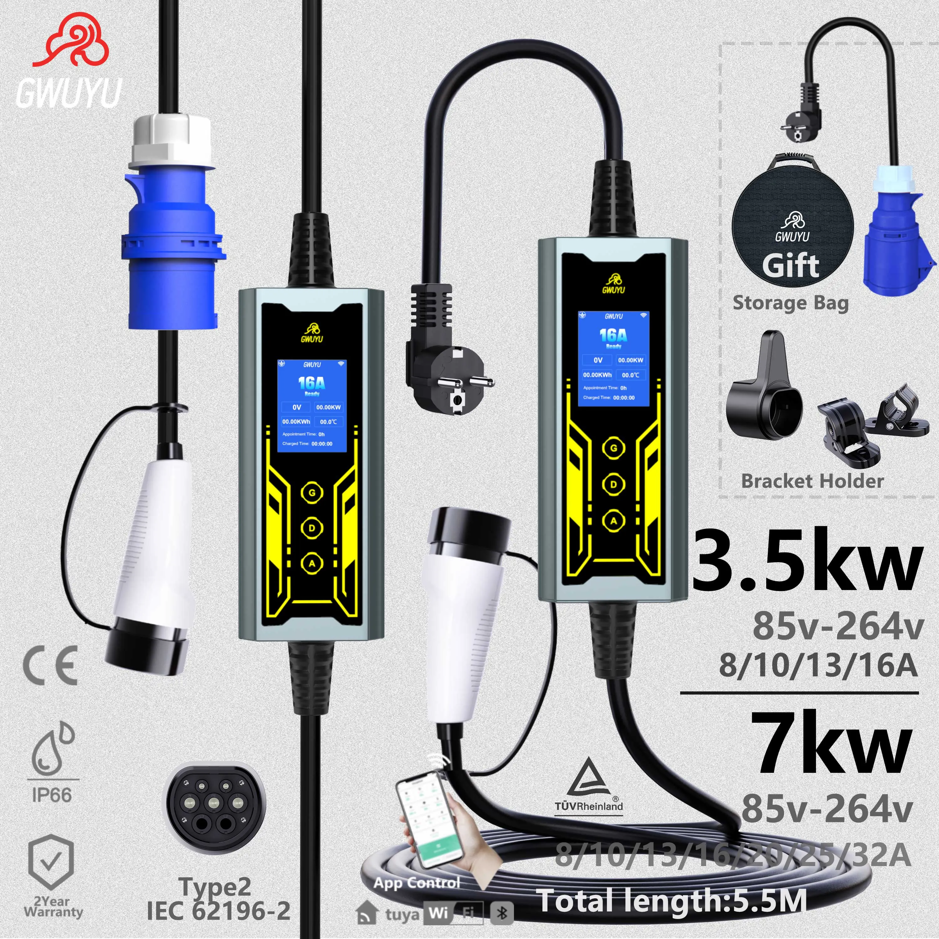 

GWUYU EV Charger 32A 7kW 16A 3.5KW 1Phase Type2 Portable Charger Smart APP WiFi Control for EV Cars2.8-inch Screen Button Contr