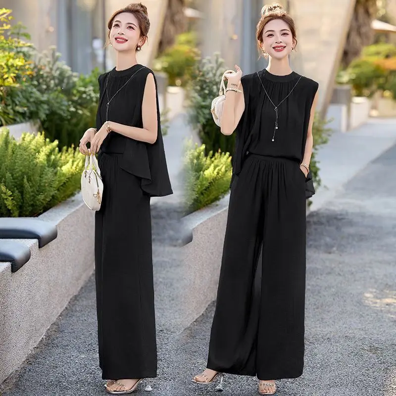 

Women's Summer Outfit Set Sleeveless Vest 2025 New Style Petite Fashionable Elegant Slimming Two-Piece Set Wide Leg Pants Women