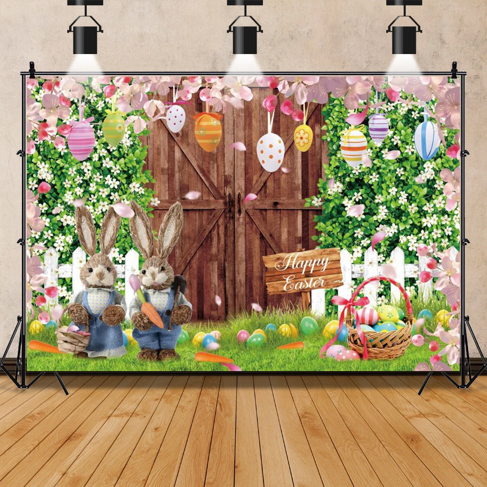 Happy Easter Backdrop Spring Garden Flower Meadow Easter Colorful Egg Wood Door Photography Background Baby Birthday Party Decor