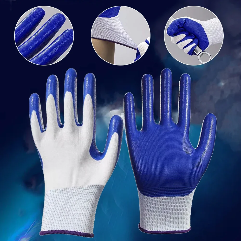 1-10Pairs Work Gloves security Protection Grey Nylon Nitrile Gloves Blue Latex Coated Breathable Wear Logging Carpenter Supplies